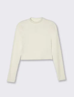 Donna Piazza Italia Donna|Maglieria<T-shirt crop manica lunga con mezzo collo lavorazione a coste strette - Avorio