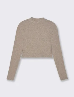 Donna Piazza Italia Donna|Maglieria<T-shirt crop manica lunga con mezzo collo lavorazione a coste strette - Grigio tortora