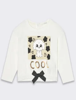 Piazza Italia Neonata<T-shirt girocollo manica lunga, con stampa frontale fiocco ed arricciatura al fondo - Bianco panna