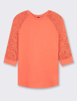 Donna Piazza Italia Maglieria<T-shirt in pizzo con manica 3/4 e motivi floreali raglan - Corallo