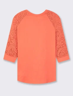 Donna Piazza Italia Maglieria<T-shirt in pizzo con manica 3/4 e motivi floreali raglan - Corallo