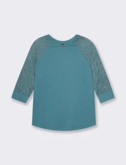 Donna Piazza Italia Maglieria<T-shirt in pizzo con manica 3/4 e motivi floreali raglan - petrolio