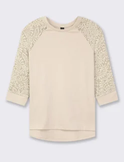 Donna Piazza Italia Maglieria<T-shirt in pizzo con manica 3/4 e motivi floreali raglan - Sabbia