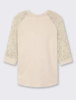 Donna Piazza Italia Maglieria<T-shirt in pizzo con manica 3/4 e motivi floreali raglan - Sabbia