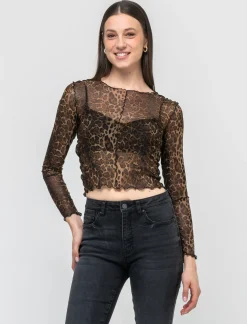 Donna Piazza Italia Maglieria<T-shirt in rete stampata manica lunga e vestibilità crop - var 1