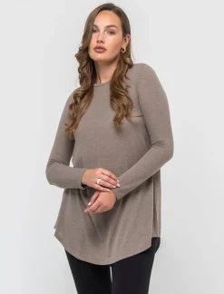 Donna Piazza Italia Donna|Maglieria<T-shirt lunga a girocollo a manica lunga e spacchi laterali - Tortora melange