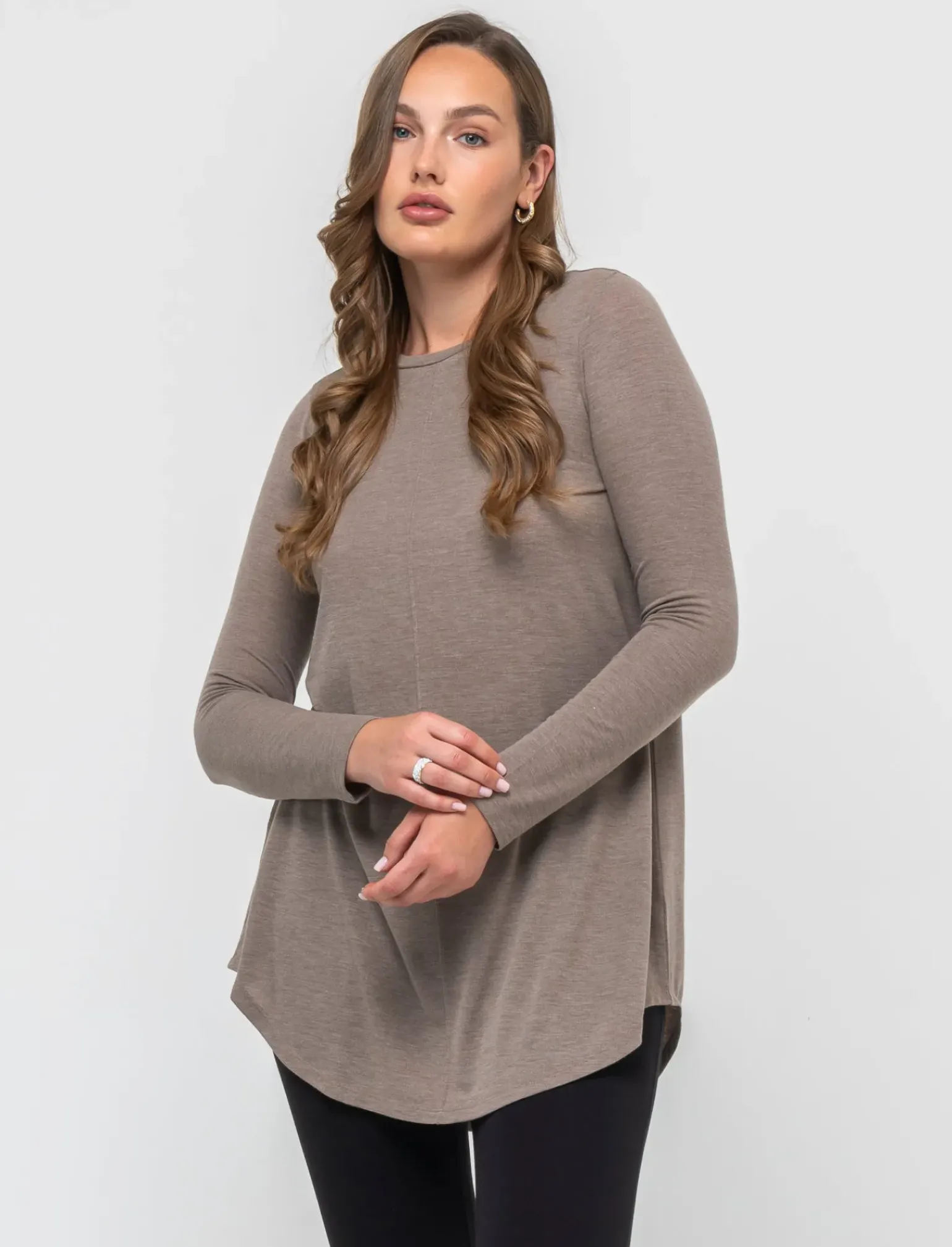 Donna Piazza Italia Donna|Maglieria<T-shirt lunga a girocollo a manica lunga e spacchi laterali - Tortora melange