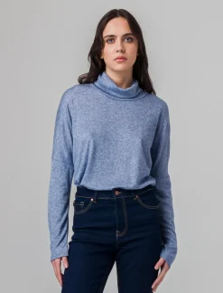 Donna Piazza Italia Maglieria<T-shirt manica lunga a collo alto e arricciatura - Denim