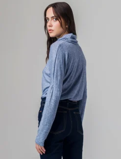 Donna Piazza Italia Maglieria<T-shirt manica lunga a collo alto e arricciatura - Denim