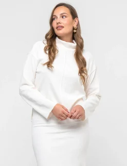 Donna Piazza Italia Maglieria<T-shirt manica lunga collo alto e cucitura frontale tessuto tipo maglina - Avorio