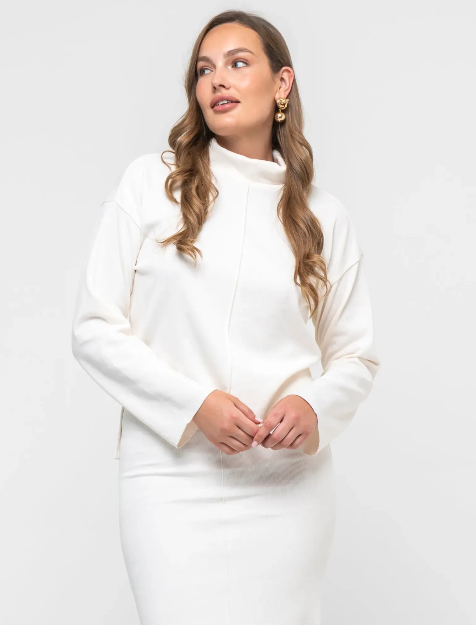 Donna Piazza Italia Maglieria<T-shirt manica lunga collo alto e cucitura frontale tessuto tipo maglina - Avorio