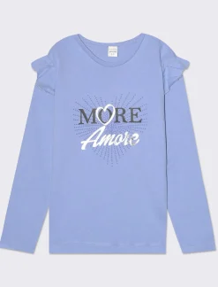 Piazza Italia Bambina|T-Shirt E Top<T-shirt manica lunga in cotone con rouches e stampa con dettagli effetto metallizzato -