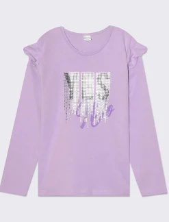 Piazza Italia Bambina|T-Shirt E Top<T-shirt manica lunga in cotone con rouches e stampa con dettagli effetto metallizzato - Lilla