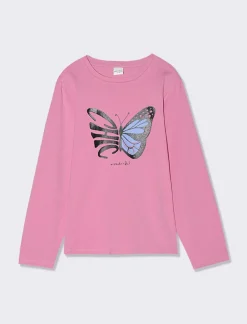 Piazza Italia Bambina|T-Shirt E Top<T-shirt manica lunga in cotone con stampa lucida e arriccio sulla manica -