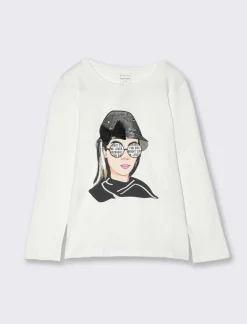 Piazza Italia Bambina|T-Shirt E Top<T-shirt manica lunga in cotone con stampa e dettaglio paillettes - Bianco sporco