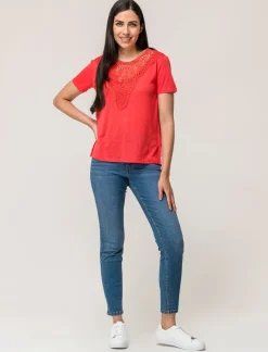 Donna Piazza Italia T-Shirt E Top<T-shirt mezza manica vestibilità regular con applicazione macramè su scollo - Corallo