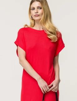 Donna Piazza Italia Donna|Abiti E Tute<Vestito in viscosa a coste, girocollo, manica a T con spacchi laterali al fondo - Corallo