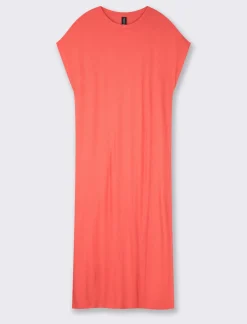 Donna Piazza Italia Donna|Abiti E Tute<Vestito in viscosa a coste, girocollo, manica a T con spacchi laterali al fondo - Corallo