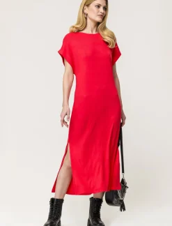 Donna Piazza Italia Donna|Abiti E Tute<Vestito in viscosa a coste, girocollo, manica a T con spacchi laterali al fondo - Corallo