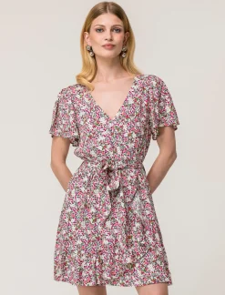 Donna Piazza Italia Donna|Abiti E Tute<Vestito mini stampato con rouches sul fondo e su manica, fusciacca in tessuto in vita - var 1